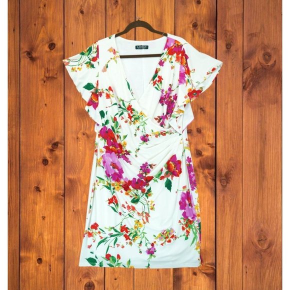 Lauren Ralph Lauren Women's Faux-Wrap Floral Jersey Dress V-neck Flutter Sleeve - Picture 1 of 9